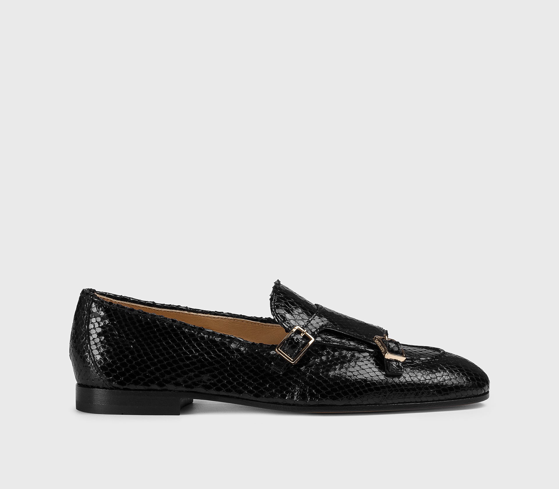 DD8877MEGNUF277NN00 - Mocassino con doppia fibbia in pelle stampa pitone nero