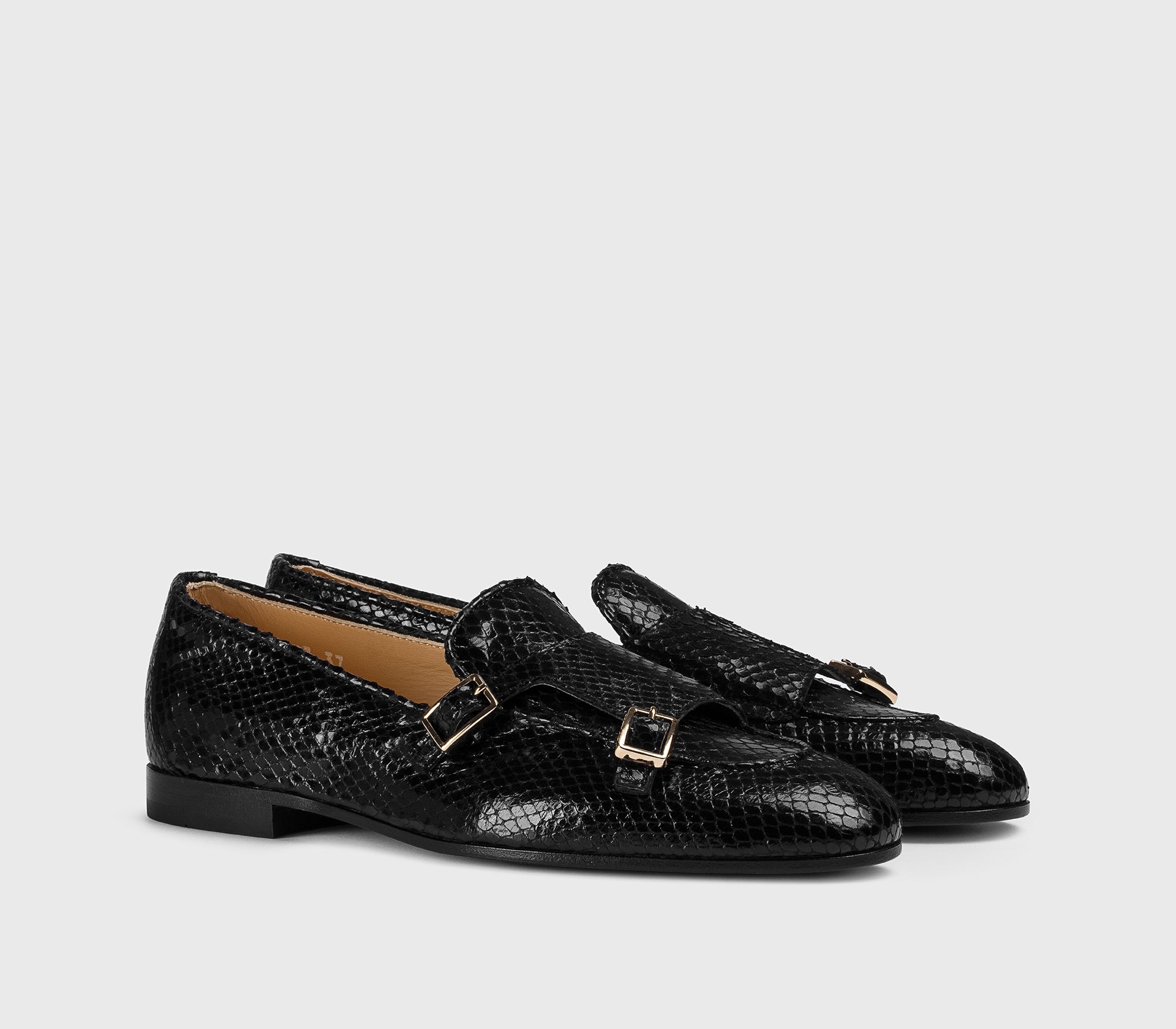 DD8877MEGNUF277NN00 - Mocassino con doppia fibbia in pelle stampa pitone nero