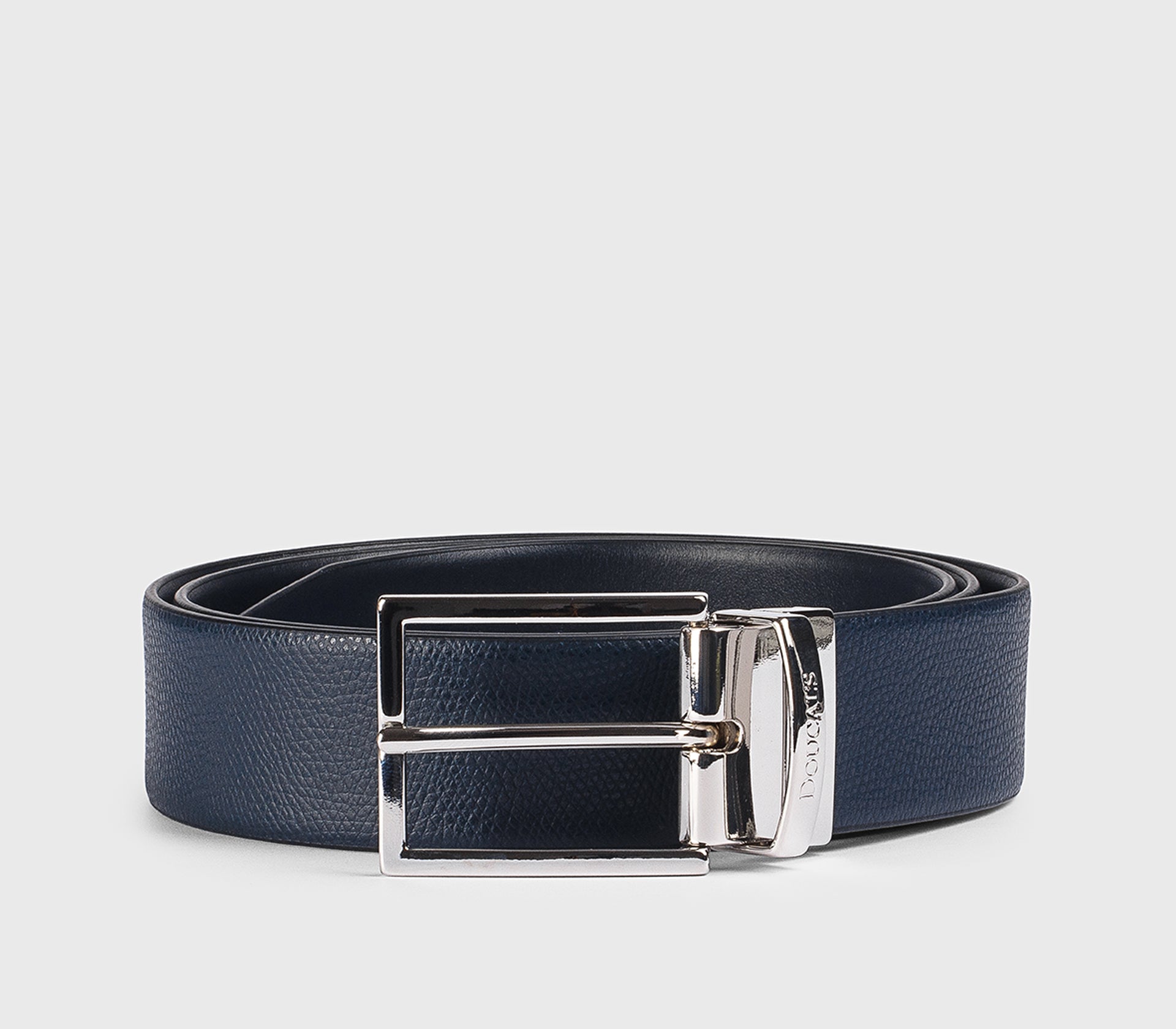 Cintura in pelle palmellata navy con fibbia quadrata