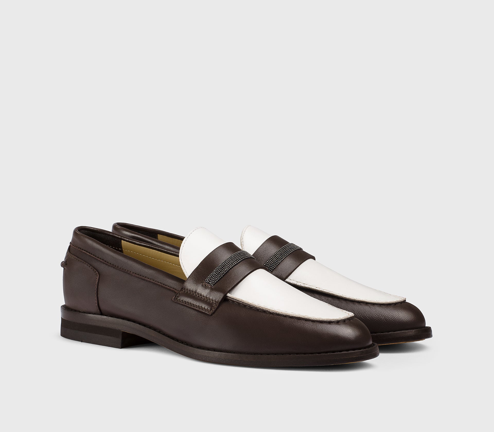 DD8856ALAIPY841TM06 - Mocassino con micro borchie in pelle caffè e bianco